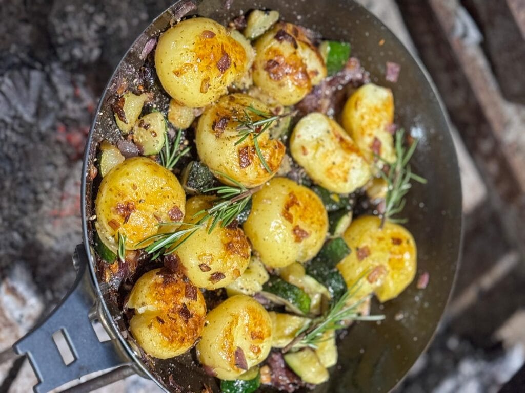 Smashed Potatoes with Zucchini, Olives and Feta