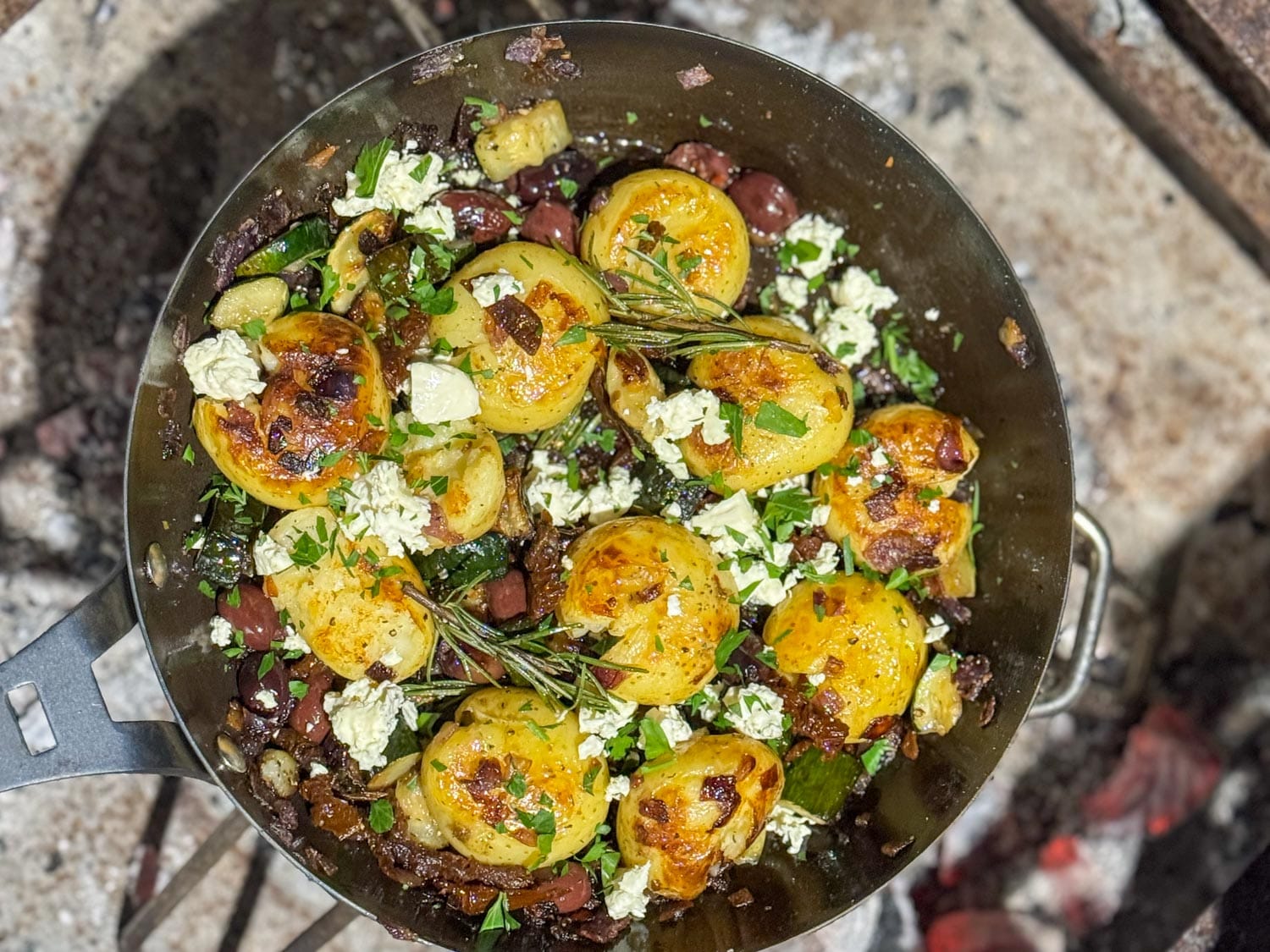 Smashed Potatoes with Zucchini, Olives and Feta