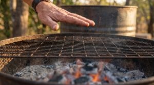 Close-up of a bare hand held face of palm-down a 30cm height above a steel braai grid, fingers relaxed, glowing orange coals beneath a thin coat of pale grey ash, gentle heat shimmer rising, warm light catching the skin against the darker drum behind, late afternoon golden glow, shallow depth of field focused on the palm with the coals softly blurred, no flames, grounded and real, no text or logos.