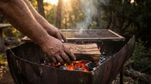 Close-up of a single pair of weathered hands feeding a length of hardwood onto a glowing bed of orange coals in an open steel drum braai, the flat steel grid resting directly on the rim, a thin curl of pale smoke rising into golden late-afternoon light, deep shadows behind, embers casting warm reflections, shallow depth of field focused on the embers and hands, grounded and authentic, no text or logos.