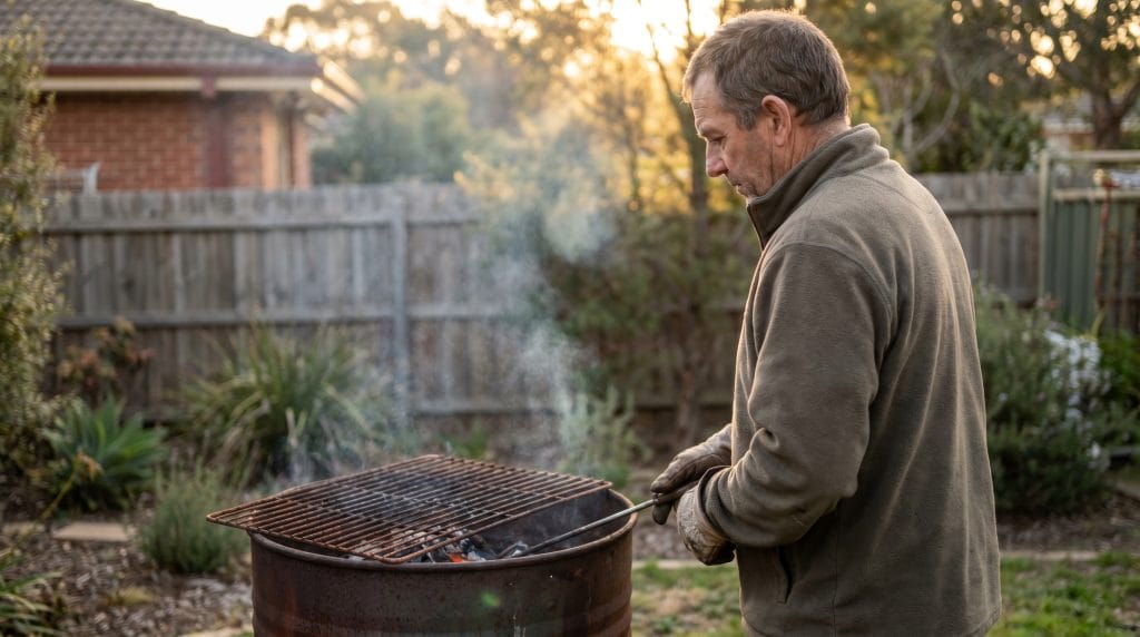 A lone South African man stands in a suburban Australian backyard on a quiet Sunday afternoon, his back half-turned as he tends a single open steel drum braai without the grid, thin woodsmoke curling up into golden late-day light. Shot with shallow depth of field, focus on his contemplative profile and the glow of early coals, the empty garden and fence softly blurred behind him, evoking quiet reflection and gentle solitude. No text or logos.