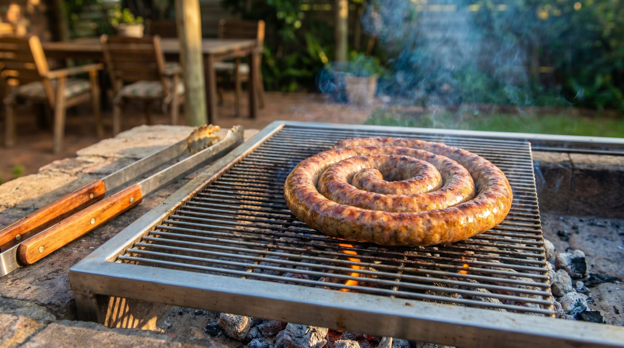 Boerewors coil browning on a braai over glowing coals