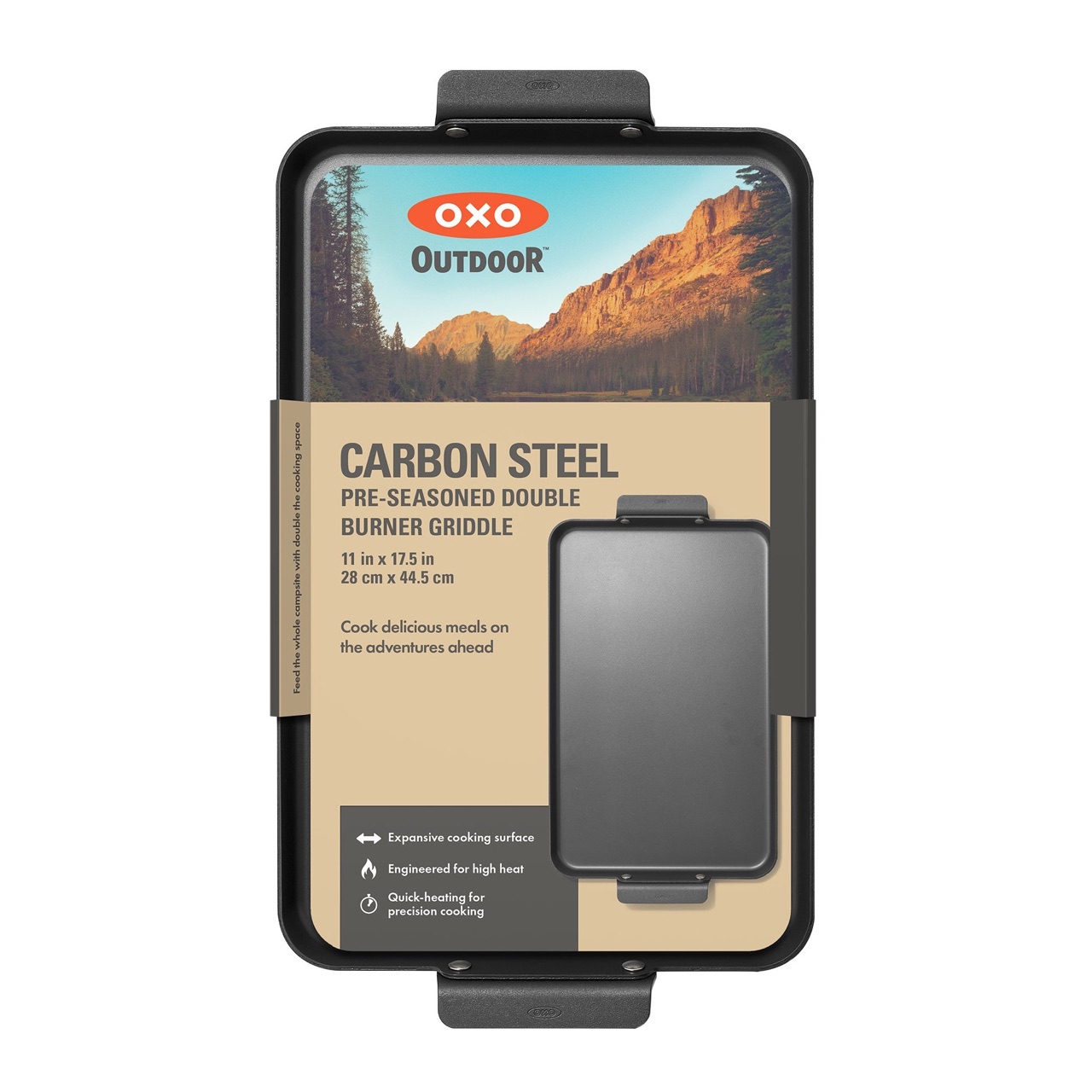 OXO Outdoor carbon steel double burner griddle in its retail packaging