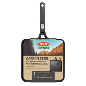OXO Outdoor carbon steel griddle pan in its retail packaging